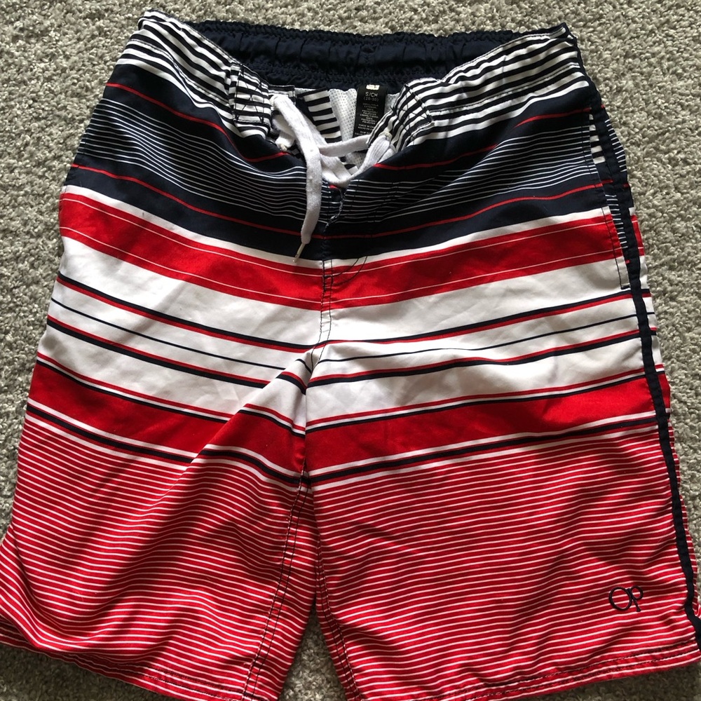OP Men's Swim Shorts - Red, White, and Black Stripes